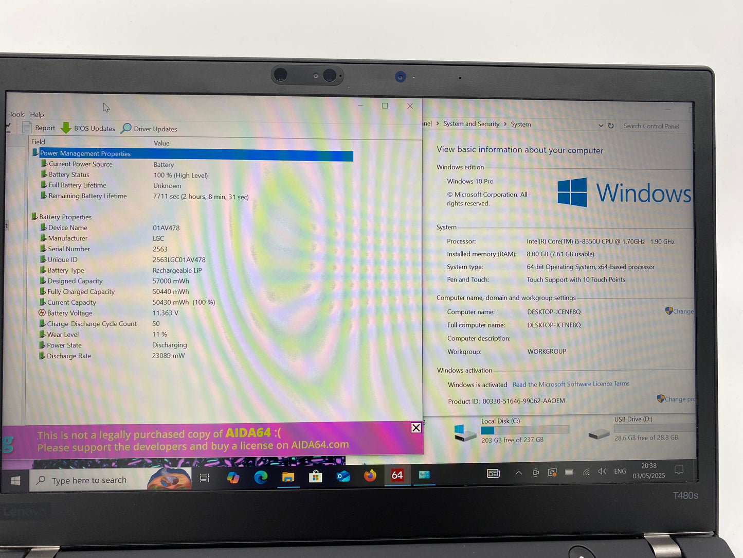Lenovo ThinkPad T480s | 14" FHD Touch | i5-8350U | 8GB RAM | 256GB SSD | 4G
