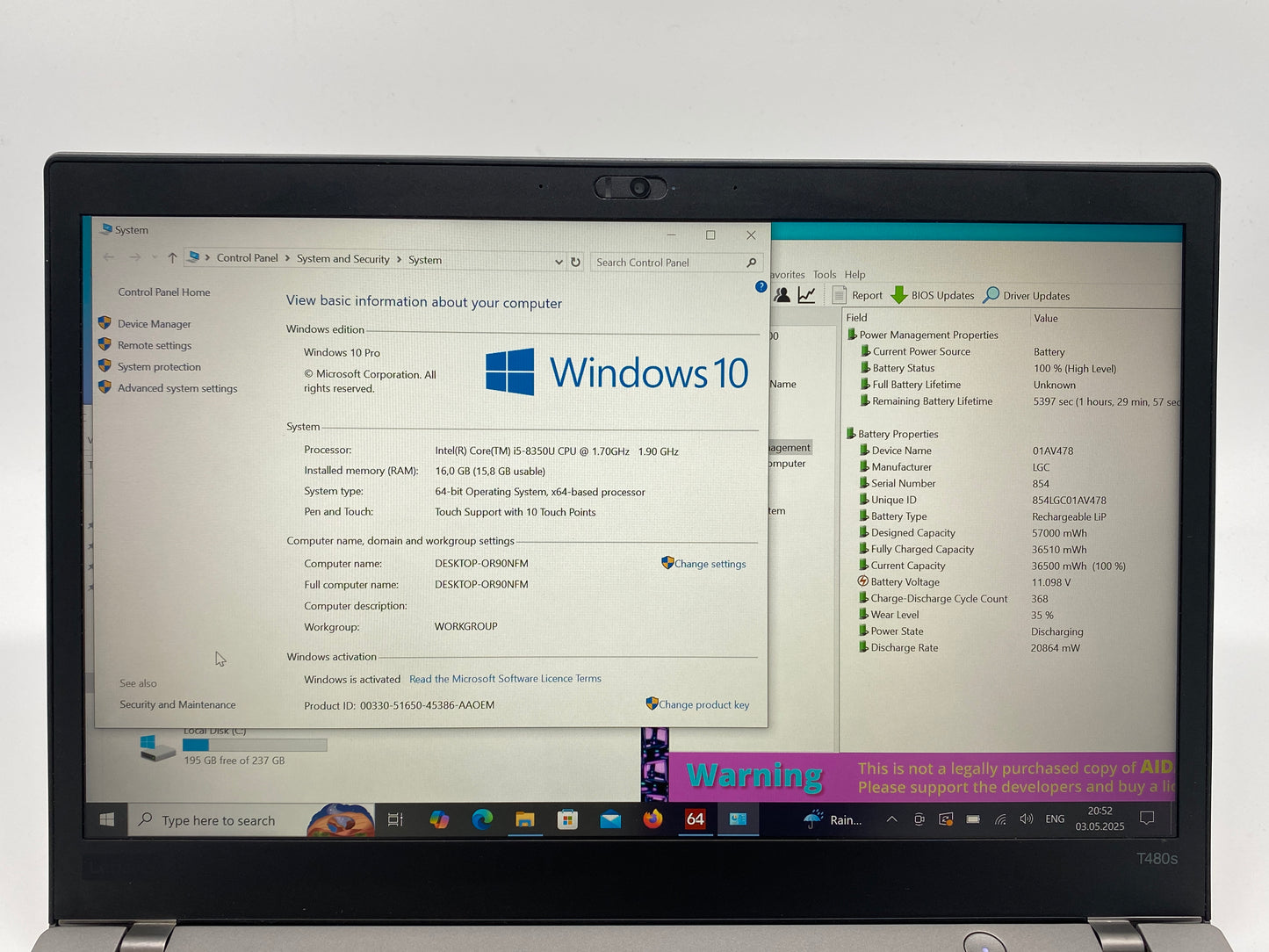 Lenovo ThinkPad T480s | 14" FHD IPS | i5-8350U | 16GB RAM | 256GB SSD | 4G