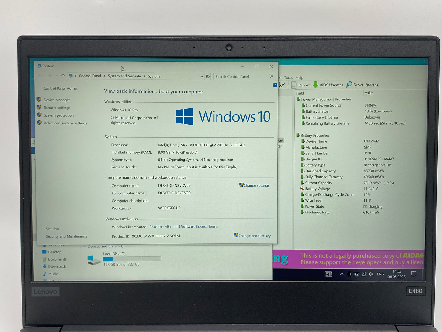 Lenovo ThinkPad E480 | 14" FHD | i3-8130U | 8GB RAM | 256GB SSD