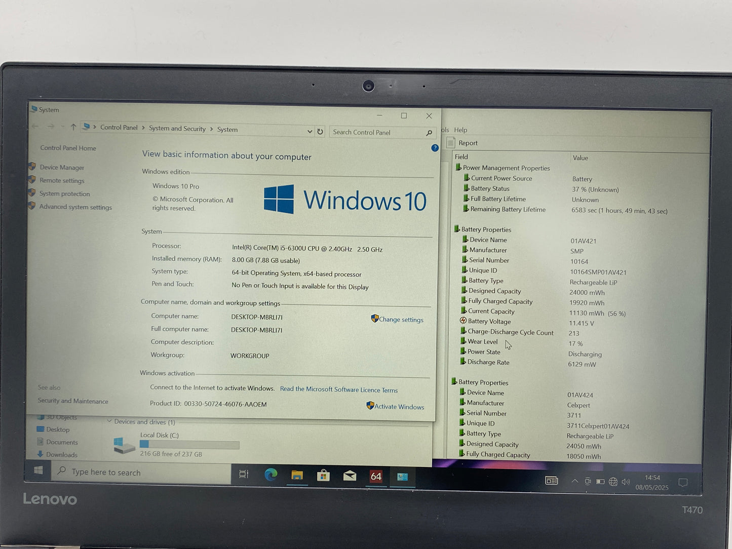 Lenovo ThinkPad T470 | i5-6300U | 8GB RAM | 256GB SSD | 14" FHD | Win10